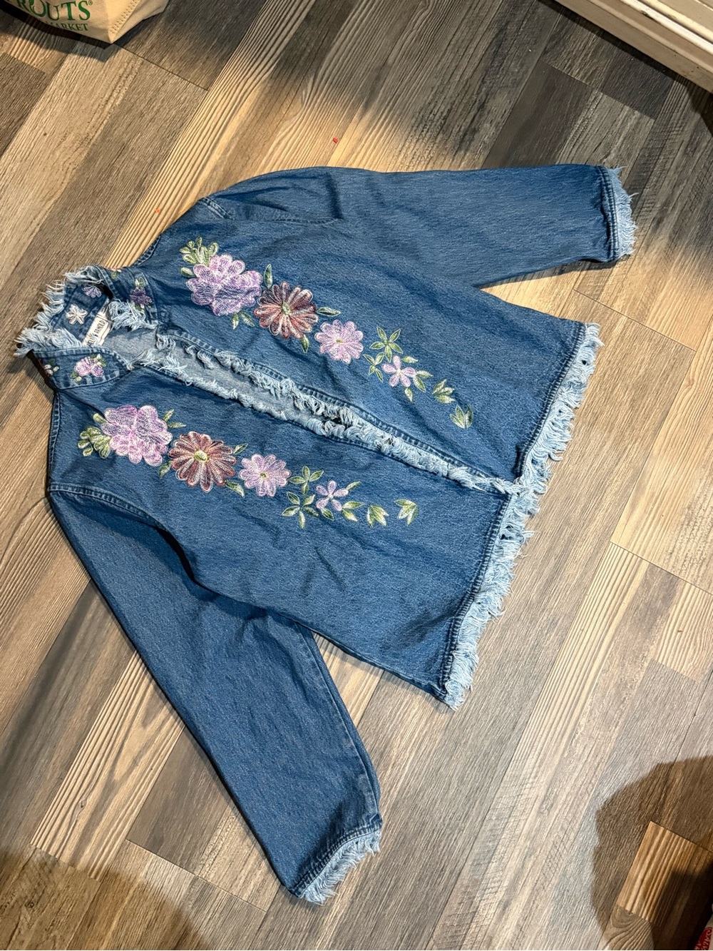 Embroidered Blue Denim Jacket with Pink & Purple Floral Accents